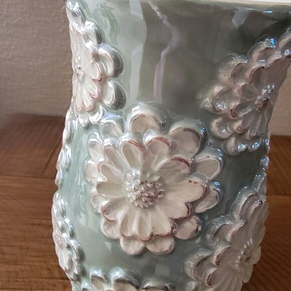 Vintage Ceramic Vase Aqua Glaze with White Raised Floral Design 8.25 Inch Tall - Picture 4 of 10